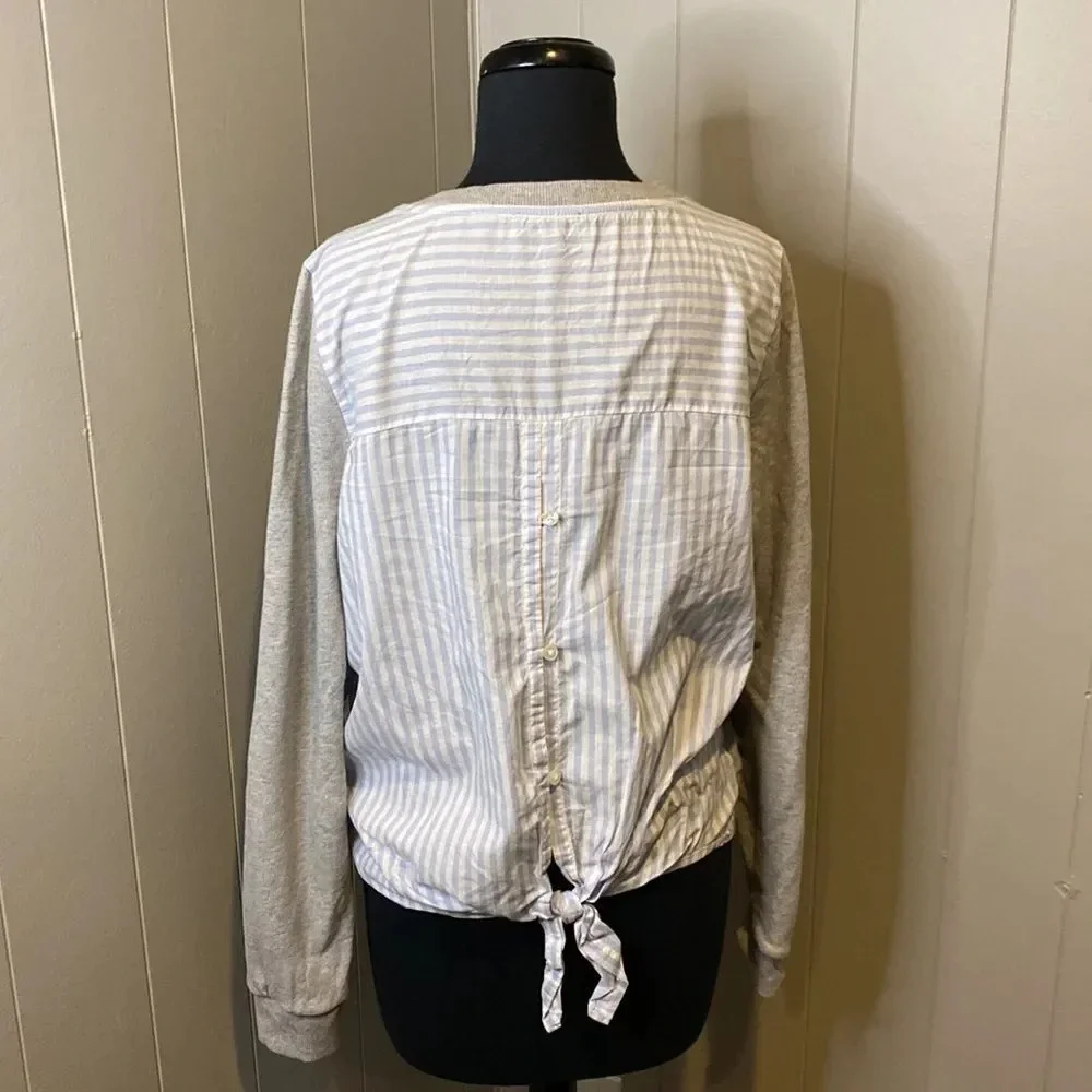 J Crew Small Sweatshirt Blouse Mix Button Down Back with Tie Long Sleeve Stripes